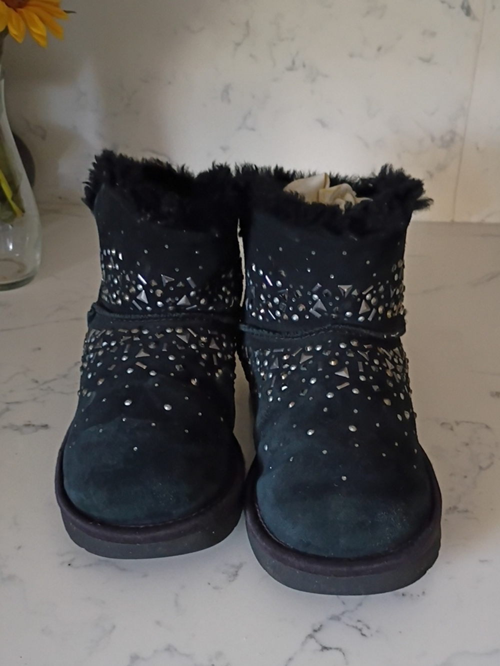 Ugg Women's Black Faux Fur Suede Ankle Boots with Stud Detail